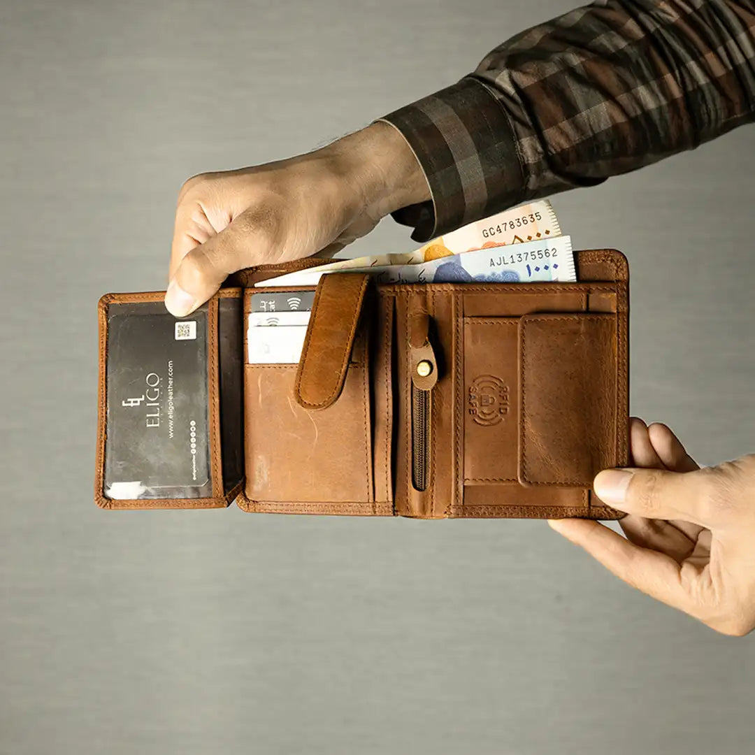 Handmade Trifold RFID Leather Wallet pakistan